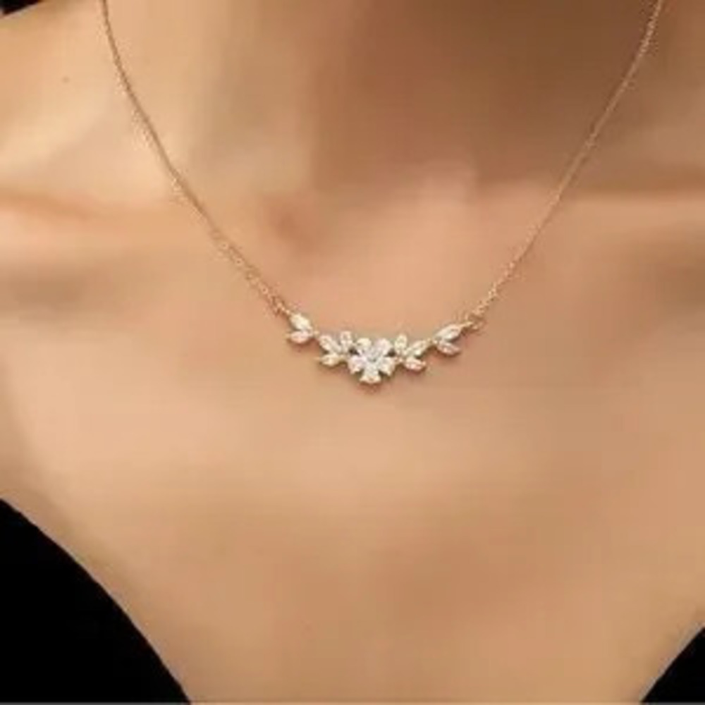 Cubic Zirconia Flower Pendant Necklace for Women Gold Color Bridal